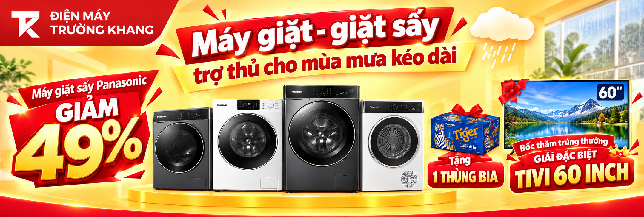 Máy giặt sấy Panasonic giảm 49%, tặng 1 thùng bia; bốc thăm trúng thưởng TV 60 inch